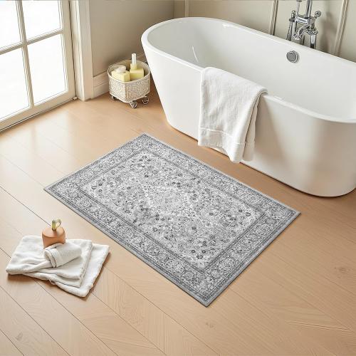 Grey Small Washable Area Rug, 2x3 Boho Vintage Entryway Rugs, Soft Non Slip Floral Door Mat, Aesthetic Low Pile Carpet for Front Door Entry Carpets Entrance Bedroom Kitchen