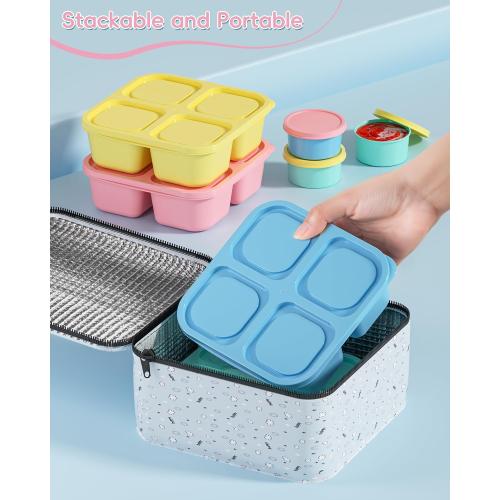Canfanni 4 Pcs Snack Box Containers Set, Reusable 4 Compartment Lunchable Container with 2Pcs Sauce Containers, Stackable BPA-Free Bento Box for School, Work, Travel (4 Color)
