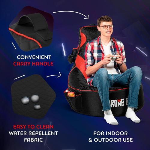 Throne Boss Gaming Bean Bag Chair Cover for Adults with High Back, Red – Large Floor Gaming Chair Cover, Easy to Clean Fabric, Large Pockets, Headphone Hanger, Requires 350 Liters Polystyrene Beans
