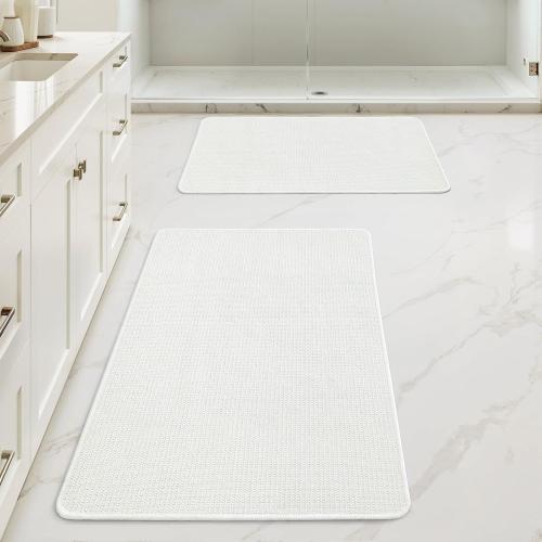 MIULEE Set of 2 Ultra Thin Bathroom Rugs, Rubber Bath Mats for Bathroom Non Slip, Quick Dry Absorbent Bath Rug Machine Washable, Fit Under Door, Shower, Sink, Home Decor, White, 17x27 20x32