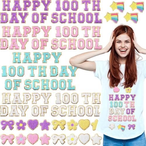 Yungyan 104 Pcs 100 Day of School DIY Shirt Letter Patches Chenille Self-adhesive for Teacher Backpack Cloth Preppy Embroidery Sticker Cute Star Heart Rainbow Patch Craft Hat Iron on Activity Supplies