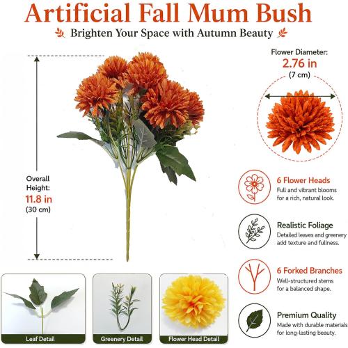 12Pcs Artificial Fall Mums for Outdoors, UV Resistant Fake Silk Mums