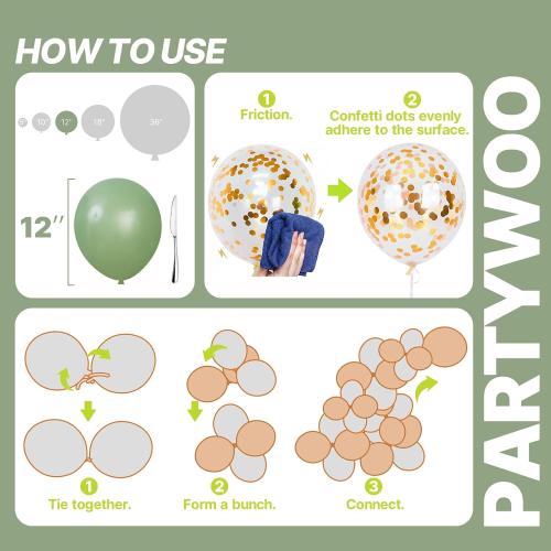 PartyWoo Sage Green Balloons 66pcs 12 Inch Gold White Brown Gold Balloons