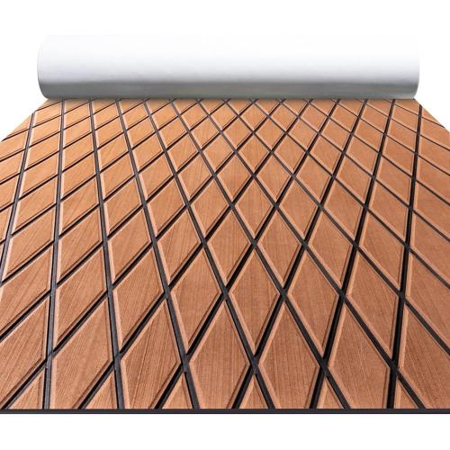 FOCEAN Boat Flooring EVA Foam Boat Decking Marine Mat Non-Slip Self-Adhesive Flooring Sheet for Motorboat Kayak Surfboard Garden Swimming Pools, 75''x 28'', Brown with Black Lines