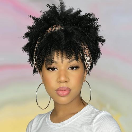 Aisaide Black Short Afro Headband Wigs for Women Synthetic Afro Kinky Curly Headband Wig with Bangs for Black Women Natural Afro Puff with Bangs Turban Wrap-Wig