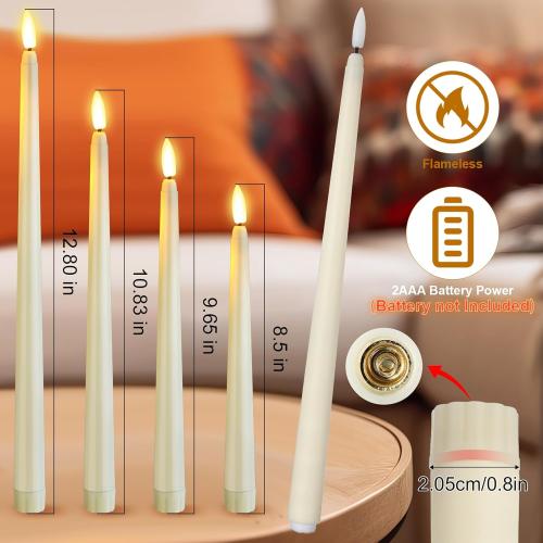 Rossesay 24 Pcs Flameless LED Taper Candles Battery Operated Candle 8.5, 9.65, 10.8, 12.8 Flameless Candlesticks Flickering for Christmas Church Wedding Indoor Decoration(Classic, Ivory)