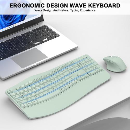 Wireless Keyboard and Mouse Combo, 2.4G Ergonomic Wave Key(Avocado Green)