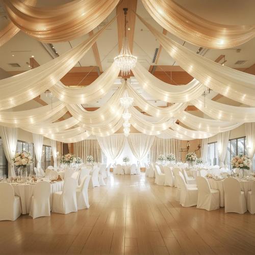 Size 5x30 6 Panels Ivory Ceiling Drapes with Lights String for Weddings Ceiling Drapes 5ftx30ft Wedding Draping Fabric Sheer Curtains Tulle Ceiling Drapery Wedding Decorations for Party Ceremony Stage Swag