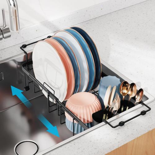 iSPECLE Small Sink Dish Drying Rack, 9 W Expandable Compact Rust Resistant Dish Drainer for RV Apartment Kitchen, Dish Rack with Lock Knob, Arms with Non Slip Rubber, Black