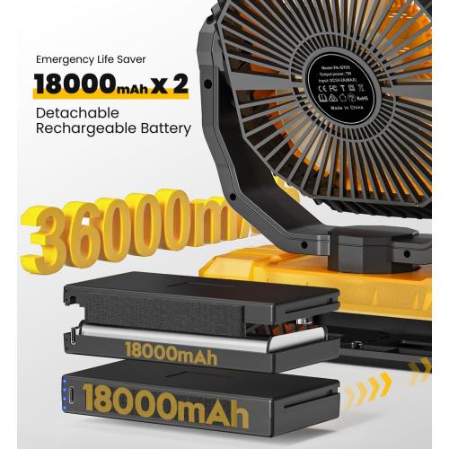 36000mAh Camping Fan,120H Rechargeable Fan Portable with Detachable Battery