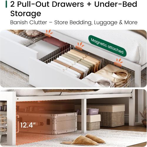 LARMACE Queen Bed Frame with Storage, LED Light and Charging Station, White