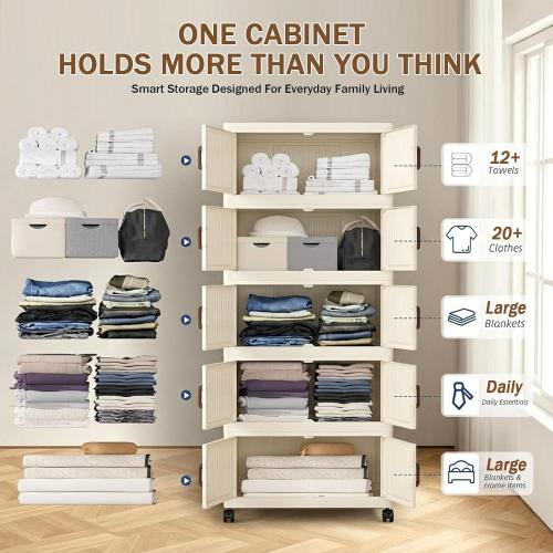302QT Modular Stackable Storage Bins with Lids, Rolling Lidded Storage Containers with Wheels, Collapsible Drawer Storage Bins for Clothes, Container Drawers for Bedroom Dorm, Cream（6 Pack）