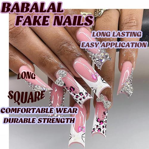 BABALAL Acrylic Press on Nails Long Square Fake Nails White French Glue ons False Nails Y2k Cat Kitten & Metallic Bow Charm Design 24Pcs Luxury Bling Rhinestone Squoval