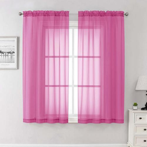 Hot Pink Sheer Curtains 63 Inch Length 2 Pcs, Solid Voile Long Light Filtering Curtains for Living Room, Dual Rod Pocket Home Decor Drapes for Bedroom Dining Room, Each Panel 42 W x 63 L