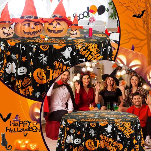 LemonRoad 6 Pack Round Halloween Tablecloths 84 Inch Plastic Table Cover