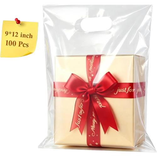 100 Pcs Plastic Bags With Handles 9x12, Clear Gift Bags Shopping Merchandise bags for Small Business Retail Stores Gifts (Yellow)