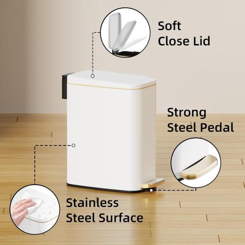 KSSKSS Small Bathroom Trash Can with Lid Soft Close, Step Pedal, 6L / 1.6 Gal Stainless Steel Garbage Bin with Removable Inner Bucket, Slim Wastebasket for Narrow Spaces (White)
