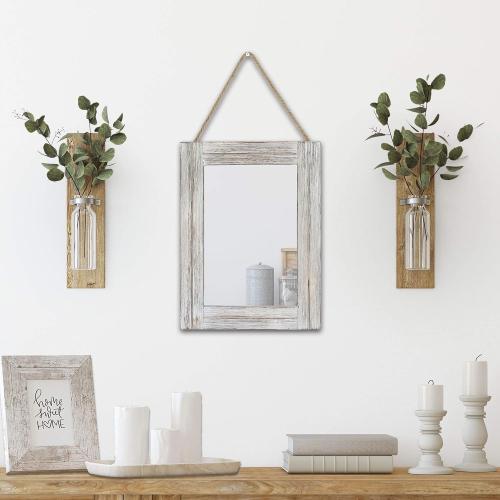 16 X 12 Inch Rustic Wood Framed Wall Mirror with Hanging Rope for Farmhouse Decor, for Entryway, Bedroom, Bathroom, Dresser, Wash White