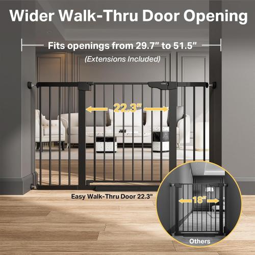 Cumbor 29.7-51.5 in Extra Wide Baby Gate for Stairs, Dog Gate Indoor Black | Mom's Choice Awards Winner, Auto Close with Double Lock for Doorways, Child Gate for Toddlers & Pets, Pressure Mounted