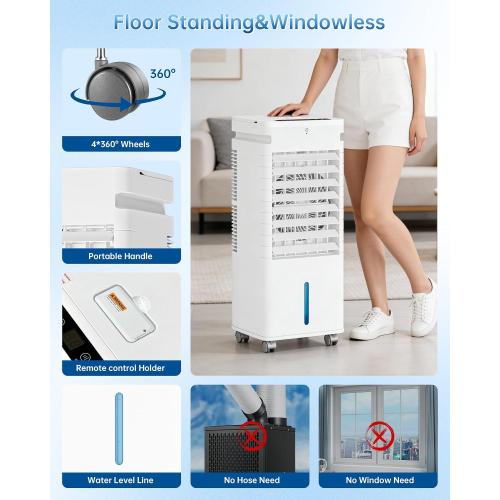 Portable Air Conditioners, Swamp Cooler Portable AC Unit for Room, Windowless Cooling Fan That Blow Cold Air w/Remote 5L Tank 12 Speeds 9H Timer, Evaporative Air Cooler for Bedroom Garage (White)