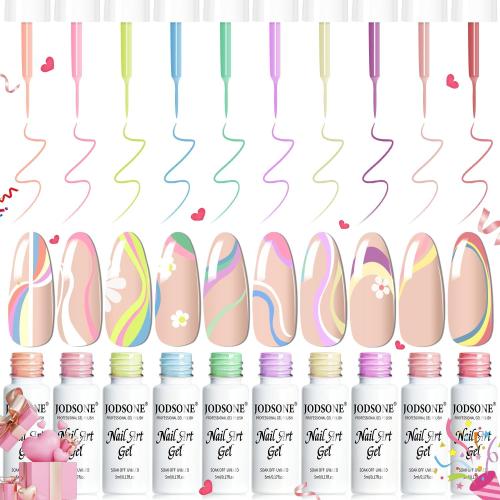 JODSONE 10 Colors Pastel Nail Art Gel Liner Set, 5ml Each, Thin Brushes