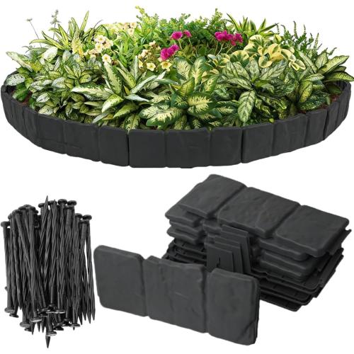 Garden Edging 40pcs, Faux Stone Edging for Landscaping [4 Inch Tall], Plastic Garden Mini Fence, Landscape Edging Border (Total 32FT) for Flowerbeds,Yard, Fence Edge with 40pcs Anchoring Spikes, Black