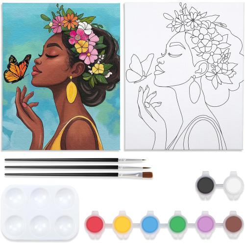 VOCHIC Pre Drawn Canvas for Painting for Adults Paint and Sip Kit Painting Party Supplies 8 Acrylic Colors,3 Brushes,1 Palette Art Set Flower Girl 8x10 in