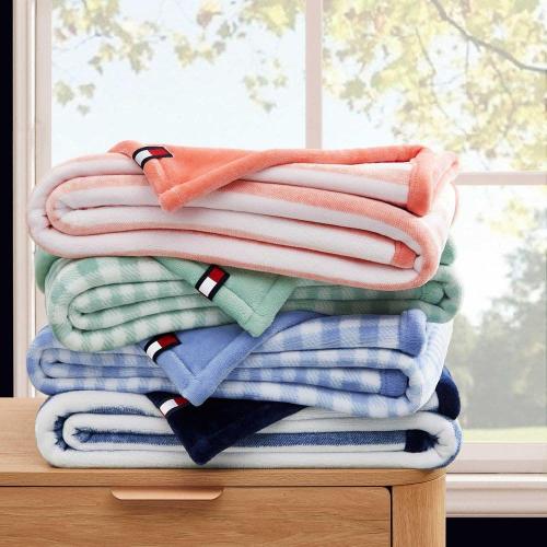 Laguna Beach Stripe 1-Piece White/Deep Blue Reversible Lush Plush Fleece 50 x 70 Throw Blanket