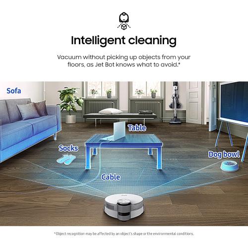 SAMSUNG Jet Bot AI  Robot Vacuum Cleaner w/ Object Recognition, Intelligent Cleaning, Clean Station, 5-Layer Filter, Touchless Dust Removal for Hardwood Floors, Carpets, VR50T95735W, White