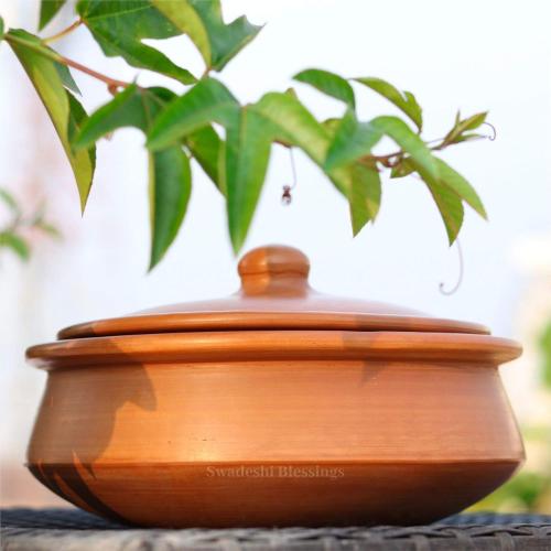 Swadeshi Blessings HandMade Unglazed Clay Pot for Cooking with Lid,2.8L,Red