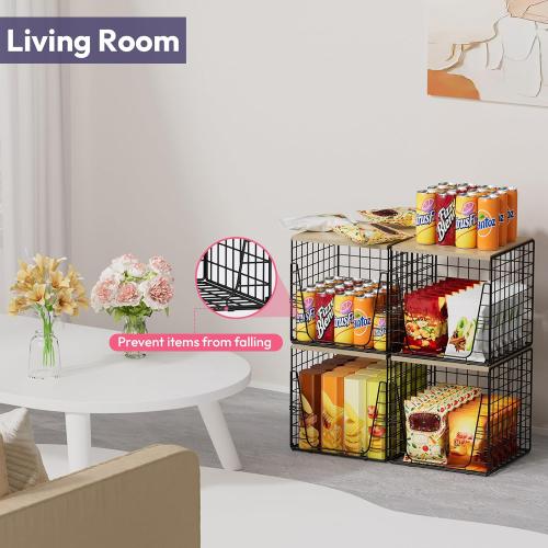 SWTYMIKI 2PCS Closet Organizers and Storage - Stackable Closet Basket with Wood Top Shelf, Clothes Storage Shelves, Clothes Drawer Bins for Wardrobe, Bedroom, Entryway, Black