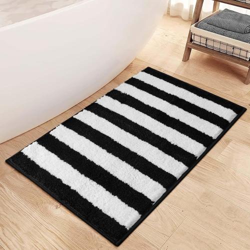 Black and White Striped Bath Mats for Bathroom, Non Slip Machine Washable Bathroom Rugs, Soft Thick Plush Water Absorbent Bath Rugs Microfiber Geometric Door Mats for Shower Tub Sink, 20x32