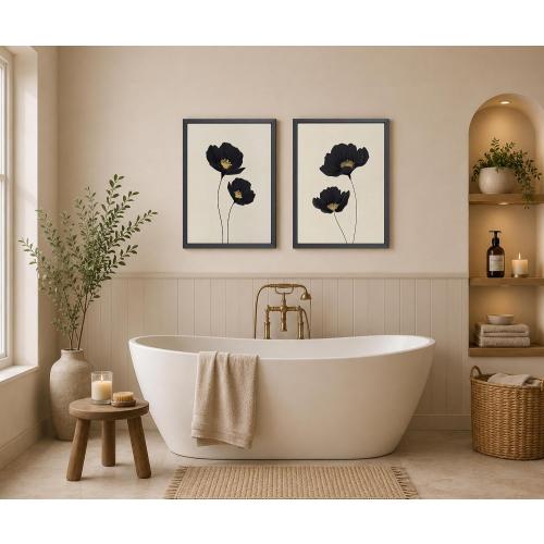 Minimalist Black Gold Flower Bathroom Wall Art Poppy Botanical Art Print