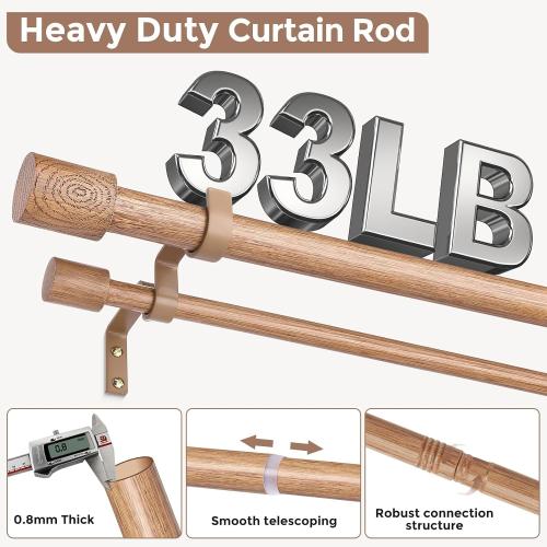 Wood Double Curtain Rod 36-153 Inch, Boho Decorative Dual Rod