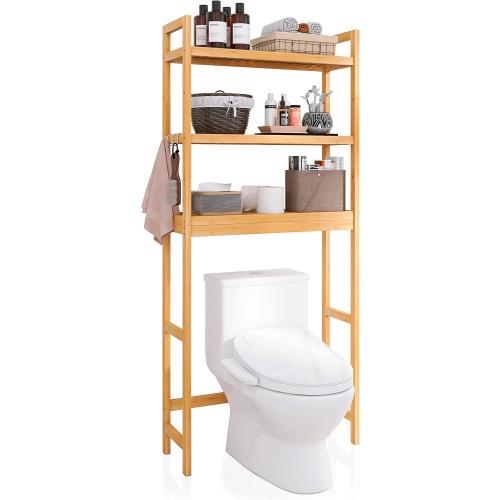 SMIBUY Bathroom Storage Shelf, Bamboo Over-The-Toilet Organizer Rack, Freestanding Toilet Space Saver with 3-Tier Adjustable Shelves (Natural)