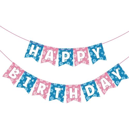 VitalCozy Blue Pink Hibiscus Cartoon Birthday Decorations Pre-strung Happy Birthday Banner for Blue Pink Alien Cartoon Hawaii Party Supplies