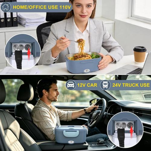 Carsolt Electric Lunch Box Food Heater - 3 in 1 Portable Leakproof Heated Lunch Box for Car/Home/Adults with 1.5L Removable 304 Stainless Steel Container, 60-80W, 12V/24V/110V (Blue)