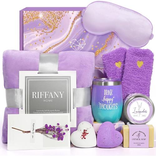 Gifts for Women, Unique Birthday Gifts for Women, Lavender Relaxing Spa Gifts Basket Get Well Soon Care Package with Luxury Flannel Blanket for Mom Her Best Friends Sister