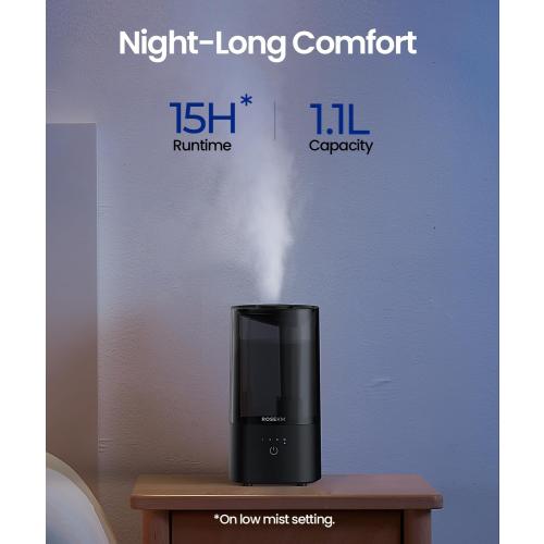Humidifiers for Bedroom (1.1L), Small Cool Mist Humidifier for Home Plant and Baby Nursery, Quiet Ultrasonic Humidifier with 360° Nozzle, Auto Shut-Off, Filterless, Black