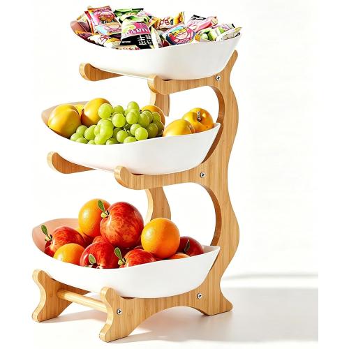 Fruit Bowl for Kitchen Counter, 3 Tier Plastic Serving Bowls with Bamboo Stand, Tiered Fruit Basket for Fruits Vegetable Storage, Cake, Dessert, Nuts, Snack, Salad for Party Wedding