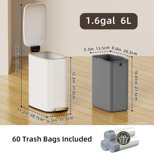 KSSKSS Small Bathroom Trash Can with Lid Soft Close, Step Pedal, 6L / 1.6 Gal Stainless Steel Garbage Bin with Removable Inner Bucket, Slim Wastebasket for Narrow Spaces (White)