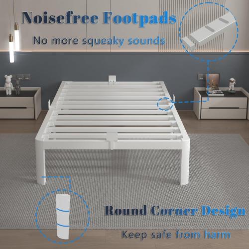 White 12 Inch Twin Bed Frames with Gaskets, Metal Twin Size Bed Frame No Box Spring Need, Heavy Duty Steel Platform Support, Round Corner Desgin, Reserved Holes, Storage Space, Noiseless