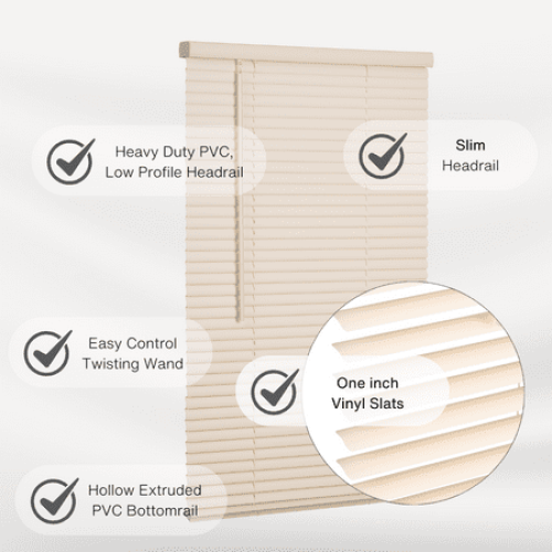 Lotus & Windoware Cordless 1 Vinyl Mini Blind Light Filtering Horizontal Blind, 59 Width x 60 Length, Alabaster, Smooth
