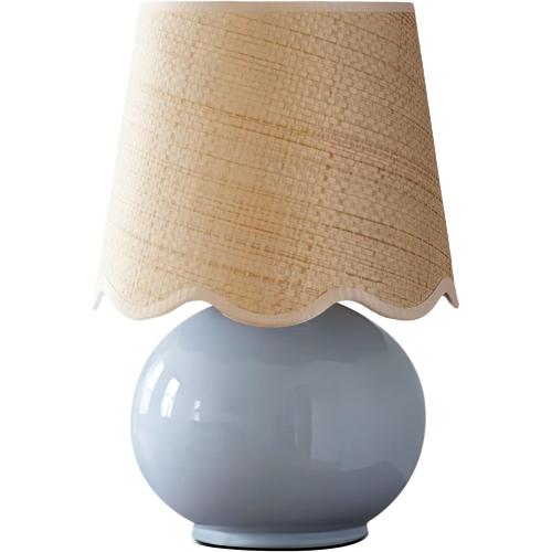 PARTPHONER Coastal Lamp, Small Ceramic Table Lamp, Light Blue Globe Base with Rattan Woven Shade, Rocker Switch Boho Bedside Lamp for Bedroom, Living Room, Kids Room, Bulb Included
