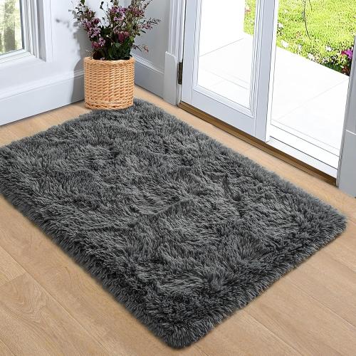 Noahas Door Mat Indoor Entrance,2x3 Shaggy Small Dark Grey Area Rugs for Entryway,Non-Slip Fluffy Entry Bedroom Rug,Soft Plush Bedside Throw Kids Carpet