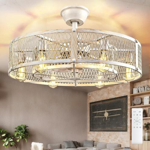 DLLT Caged Ceiling Fan with Lights: 26 Large Bladeless Fandelier with Light and Remote - Cement Industrial Chandelier Fan Light Semi Flush Mount Rustic Enclosed Fans Bedroom Dining Room Kitchen
