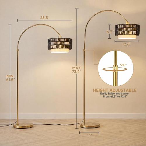 Arc Floor Lamp for Living Room with 12W Bulb,61.5-71.5 Height Adjustable Rattan Floor Lamps with 3 Color Temps, Farmhouse Arched Standing Lamp,Boho Floor Lamp, Arched Floor Lamps for Bedroom, Office