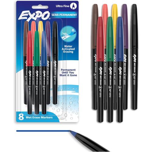 EXPO Vis-a-Vis Wet Erase Markers, Semi-Permanent, Assorted Colors, Ultra Fine Tip, 8 Count - For Writing on Glass, Whiteboards, Mirrors, Calendar, Labeling, Organizing