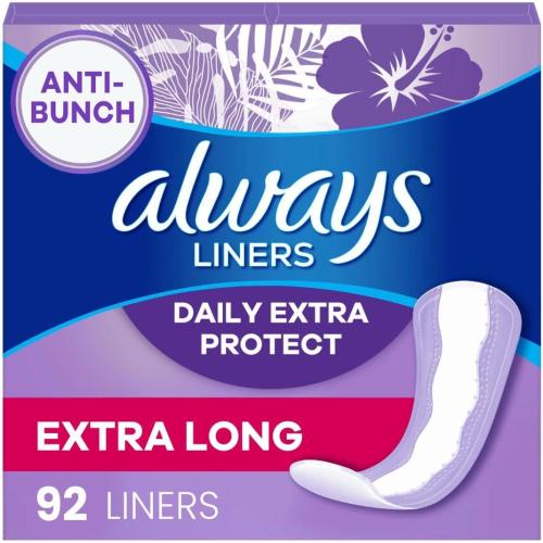 Always Anti-Bunch Xtra Protection, Panty Liners for Women, Light Absorbency, Extra Long Length, Leakguard   Rapiddry, Unsented, 92 Count