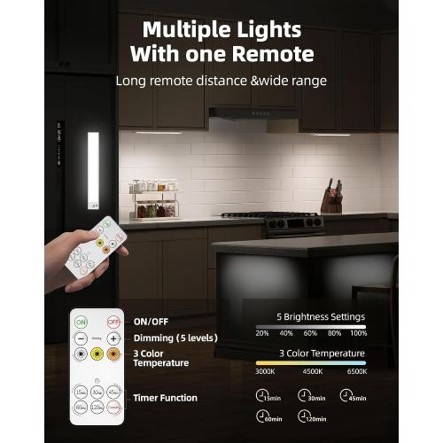 12inch Under Cabinet Lighting with Remote, 2400mAh Rechargeable Motion Sensor Light Indoor, Wireless Closet Lights, Dimmable, 3 Color Temps, Magnetic for Kitchen, Stairs (4 Pack)